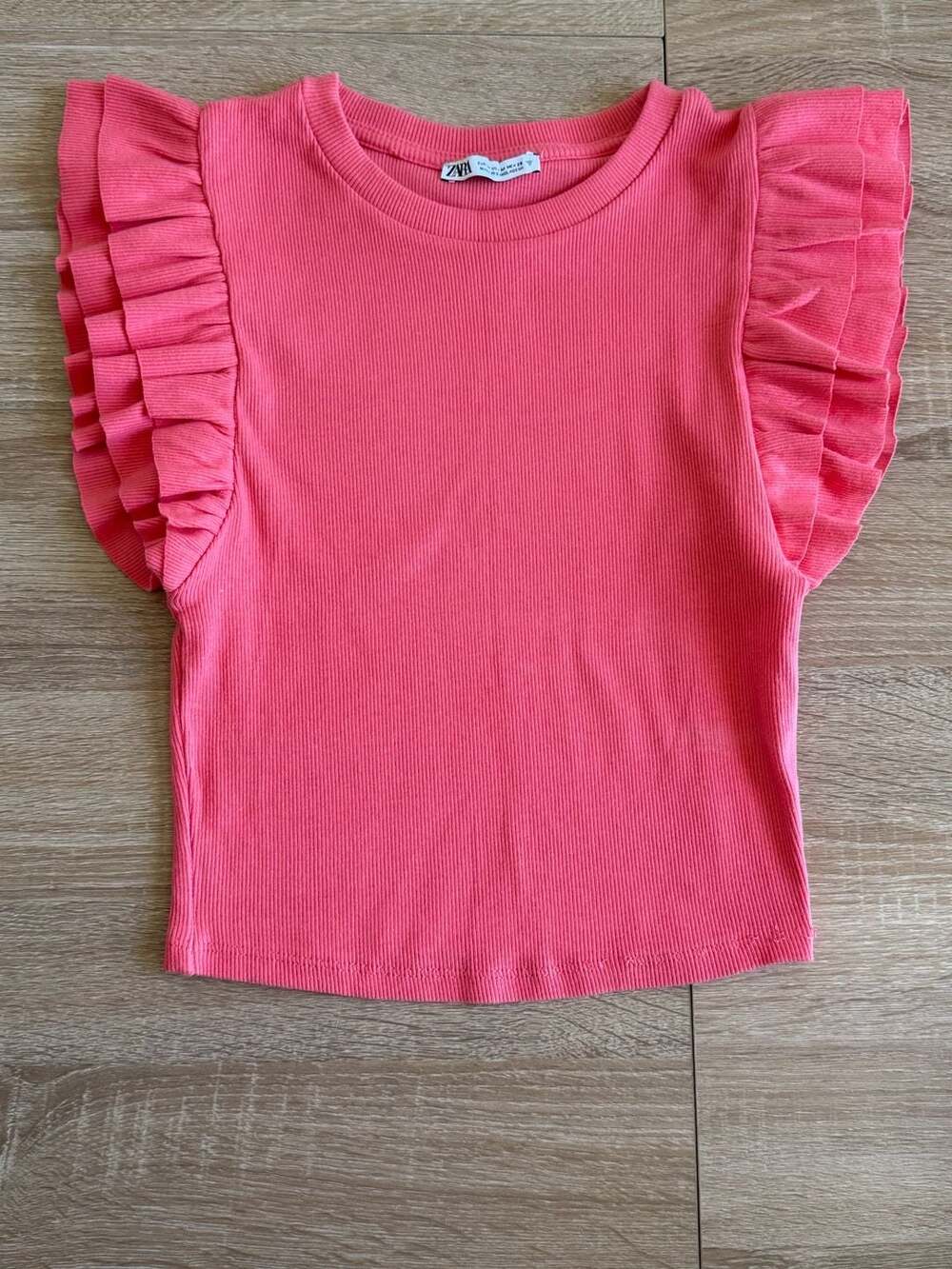 Zara Pink Ribbed Flutter Ruffle Sleeve Top